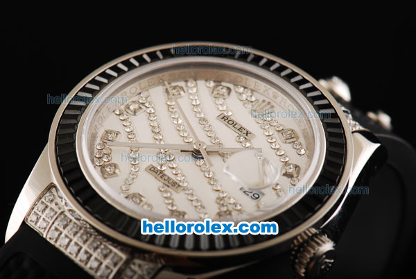 Rolex Datejust Automatic Movement Steel Case with White Diamond Dial/Hour Marker and Black Diamond Bezel-Black Rubber Strap - Click Image to Close